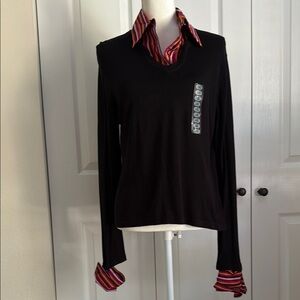 August Silk SZ XL Women’s  Shirt with Removable Striped Dress Shirt Collar